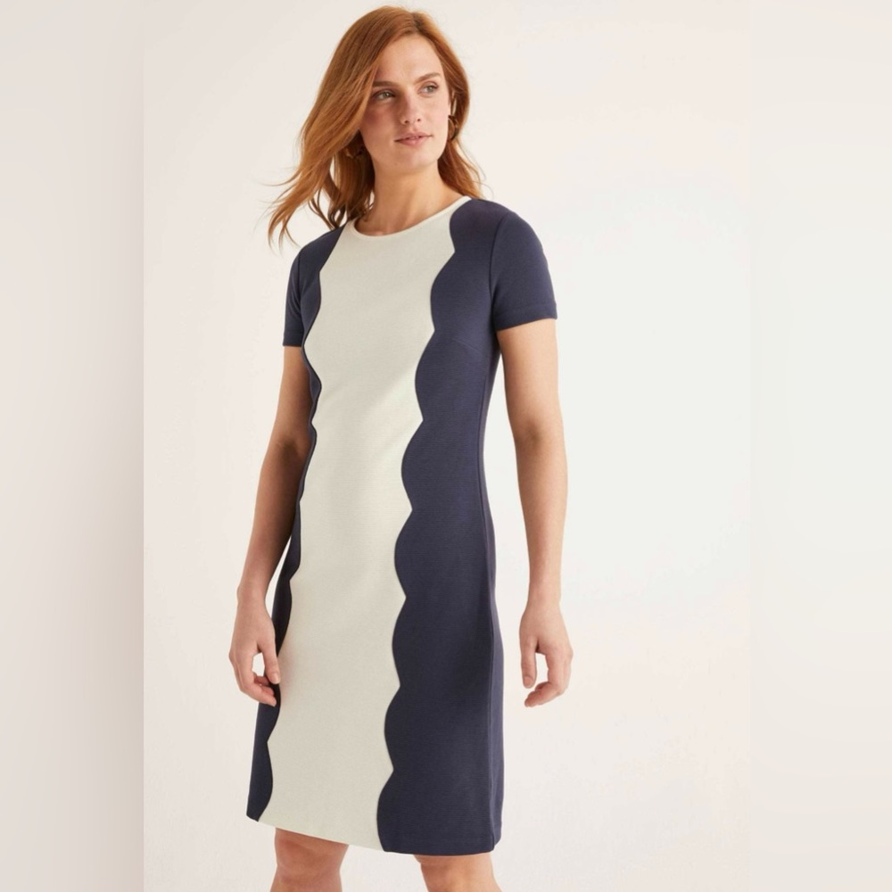 Boden Ruth Ottoman Shift scallop in navy and cream.